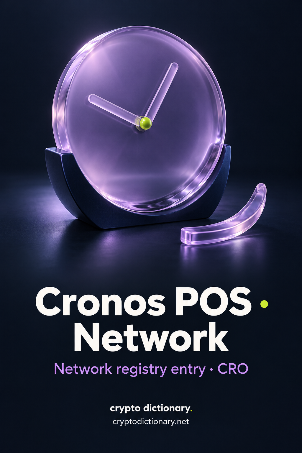 Cronos POS network registry poster showing an unmarked lilac glass clock, with CRO registry caption and CryptoDictionary branding.
