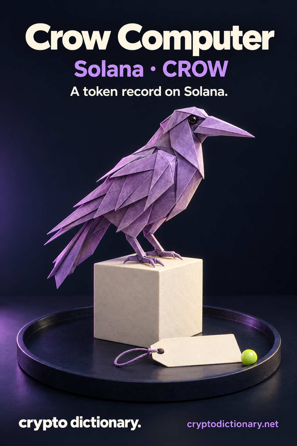 Crow Computer on Solana, ticker CROW: an original lilac folded-paper crow on a blank ivory specimen cube, with registry tag.