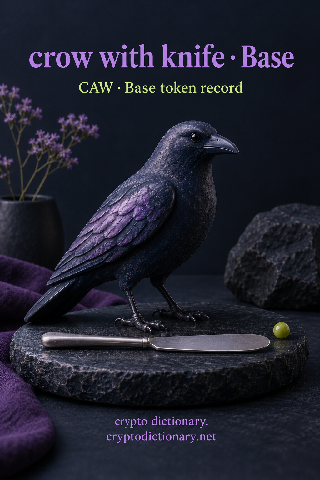 An original ceramic crow beside a blunt table knife illustrates crow with knife, a CAW token record on Base.