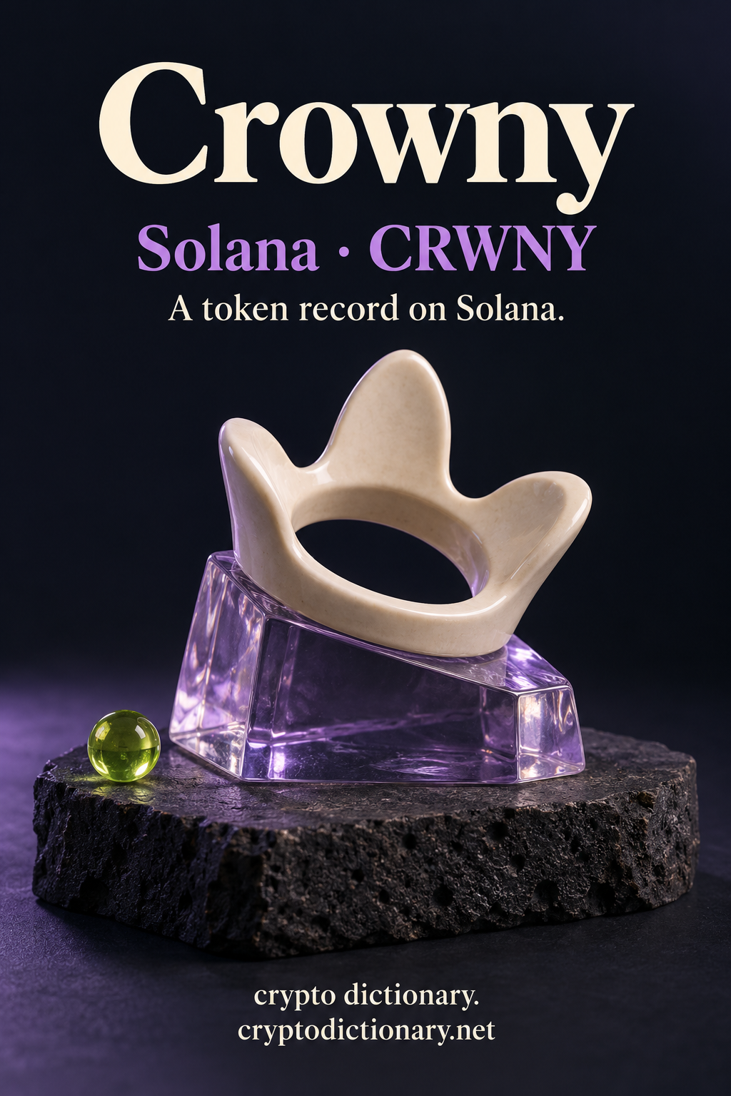 Crowny token record on Solana, illustrated by a blank ivory ceramic crown-like ring on a lilac glass plinth with a lime bead.
