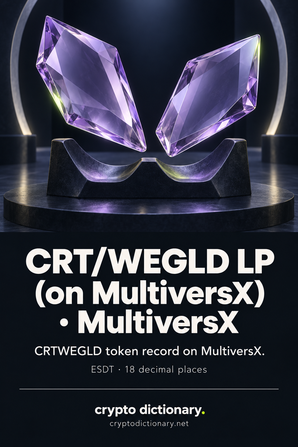 Two plain faceted lilac registry lozenges hover over a twin-seat dark cradle, above CRT/WEGLD LP (on MultiversX) · MultiversX and its CRTWEGLD caption.