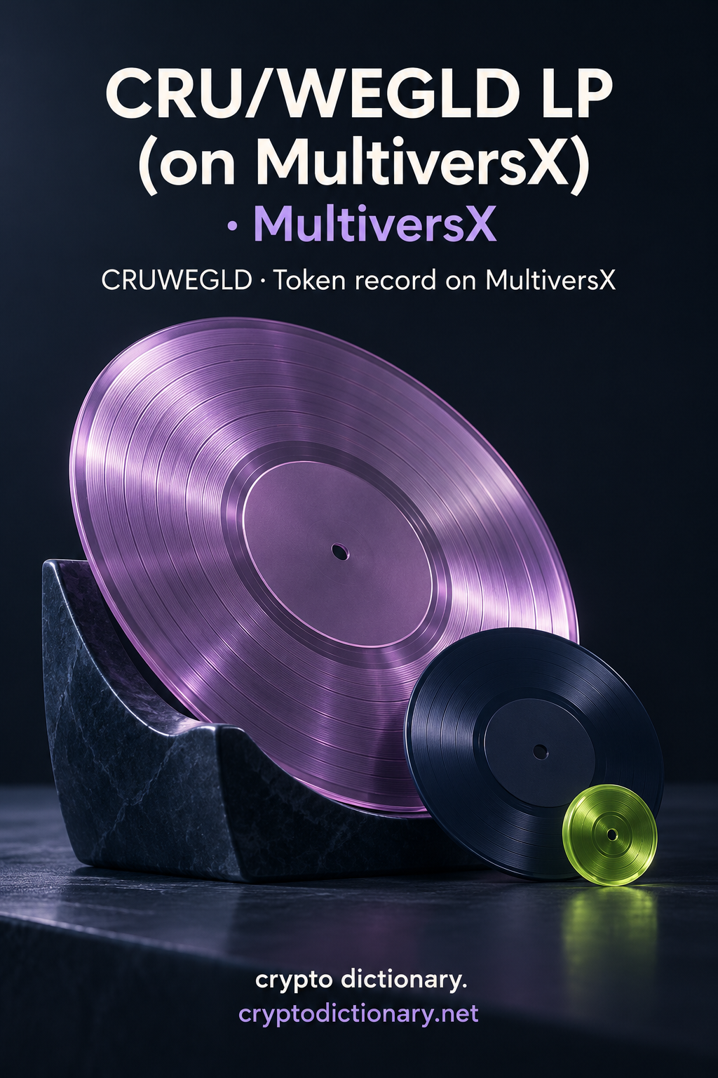 CRU/WEGLD LP (on MultiversX) token-registry illustration with lilac and navy grooved discs on a stone cradle.