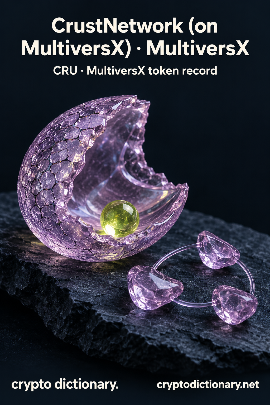 CrustNetwork (on MultiversX) · MultiversX — original lilac glass name-inspired sculpture with accurate token record caption.
