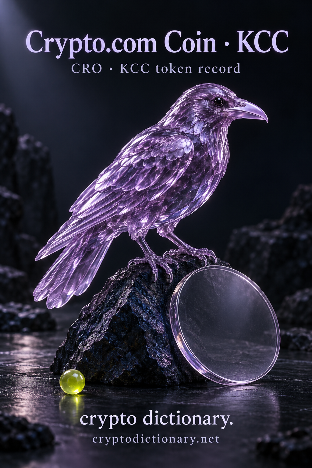 Natural lilac glass crow atop navy rock next to a plain glass disc and lime bead.
