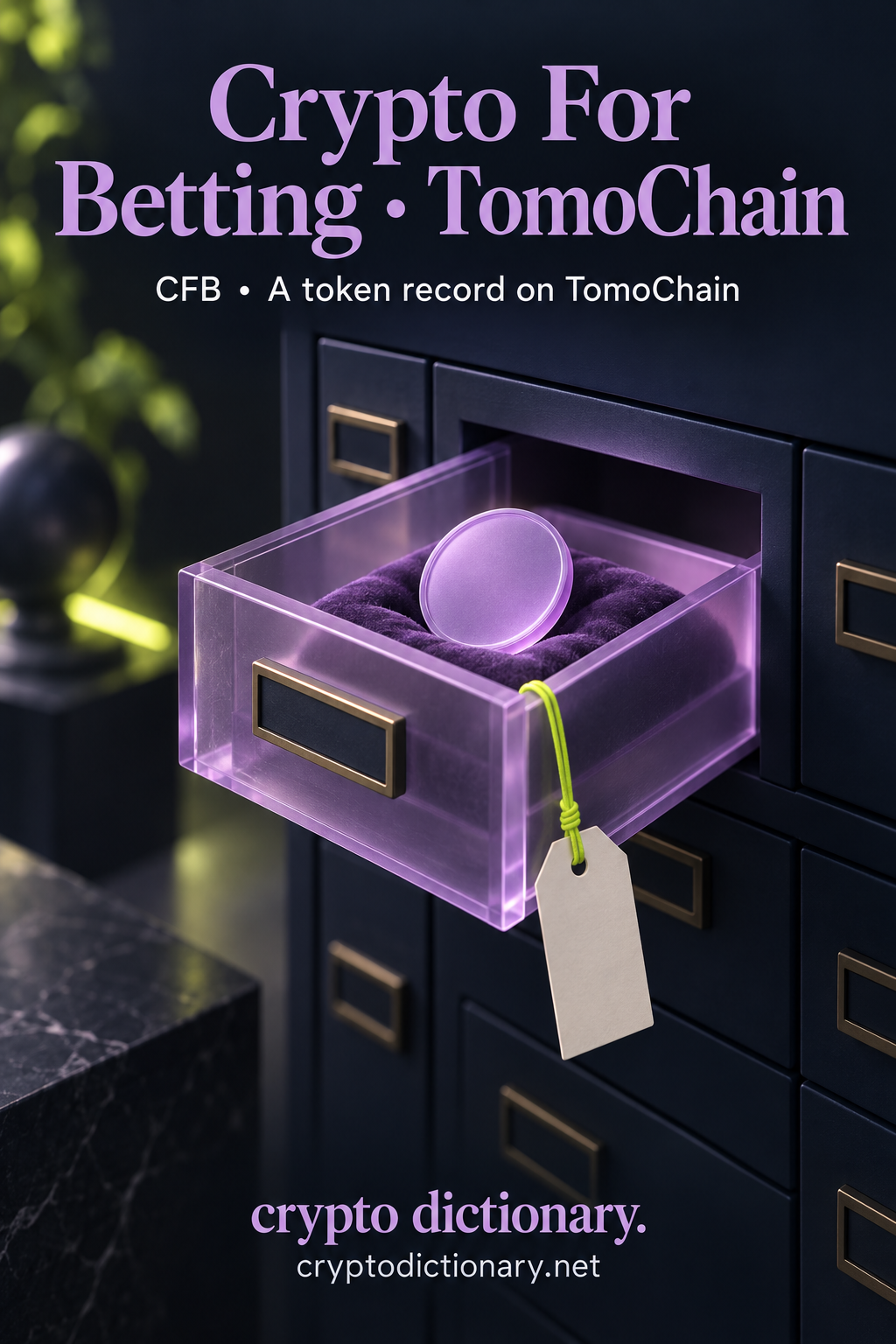 A plain lilac token rests on velvet inside a registry drawer with a blank identity tag.