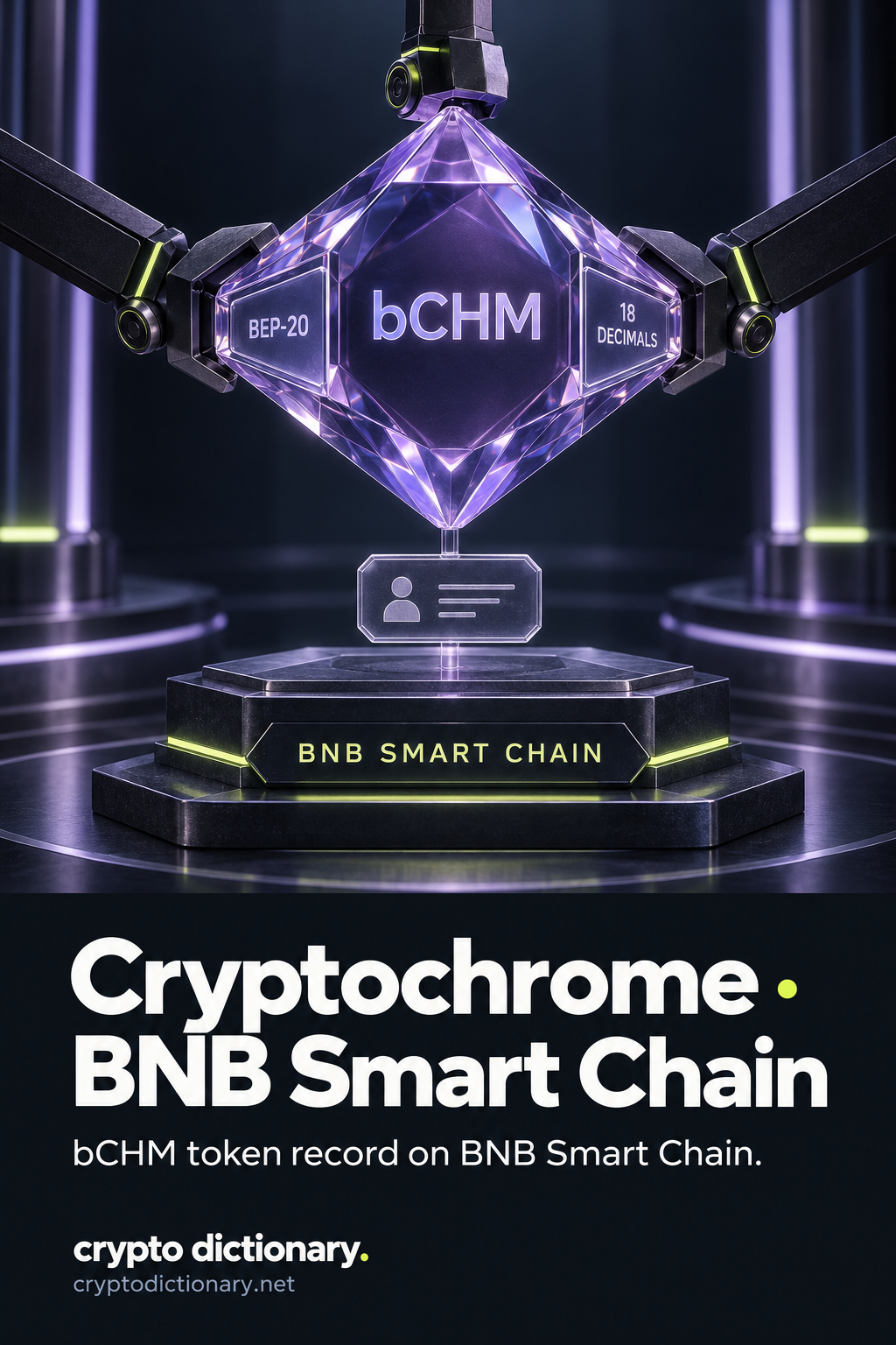 A glass metadata prism identifies bCHM with BEP-20 format and eighteen-decimal precision, attached to a generic identity tag above a BNB Smart Chain registry plate.
