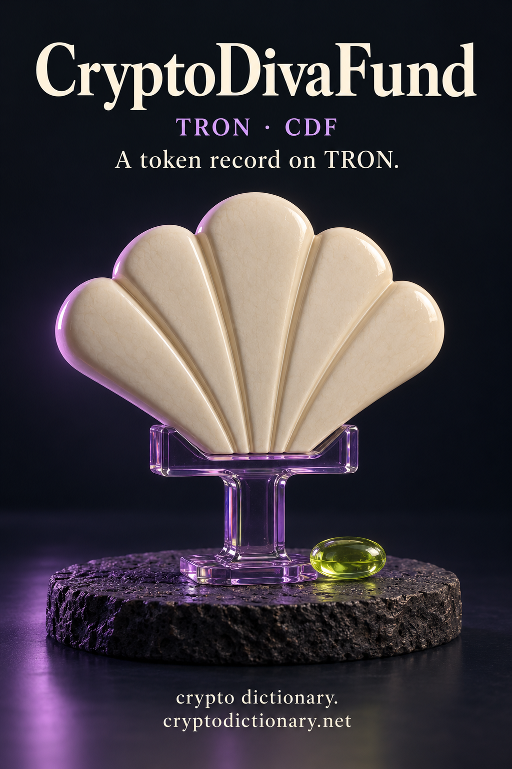 CryptoDivaFund token record on TRON, illustrated by a blank five-segment ivory ceramic fan in a lilac glass pedestal with a lime oval.