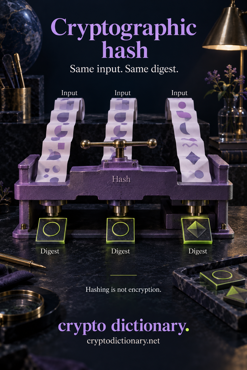 Cryptographic hash: a lilac digest press accepts two matching abstract data ribbons and one altered ribbon, yielding two matching circle tiles and a different diamond tile.
