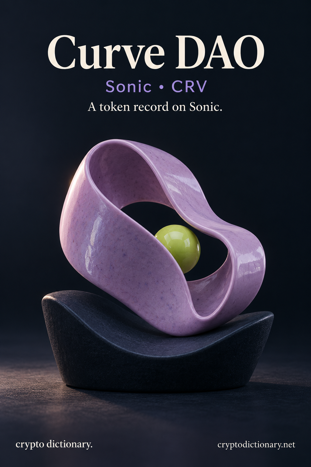 A lilac ceramic ribbon bends around an inset lime bead on a navy saddle-shaped pedestal, beside the Curve DAO Sonic registry identity.