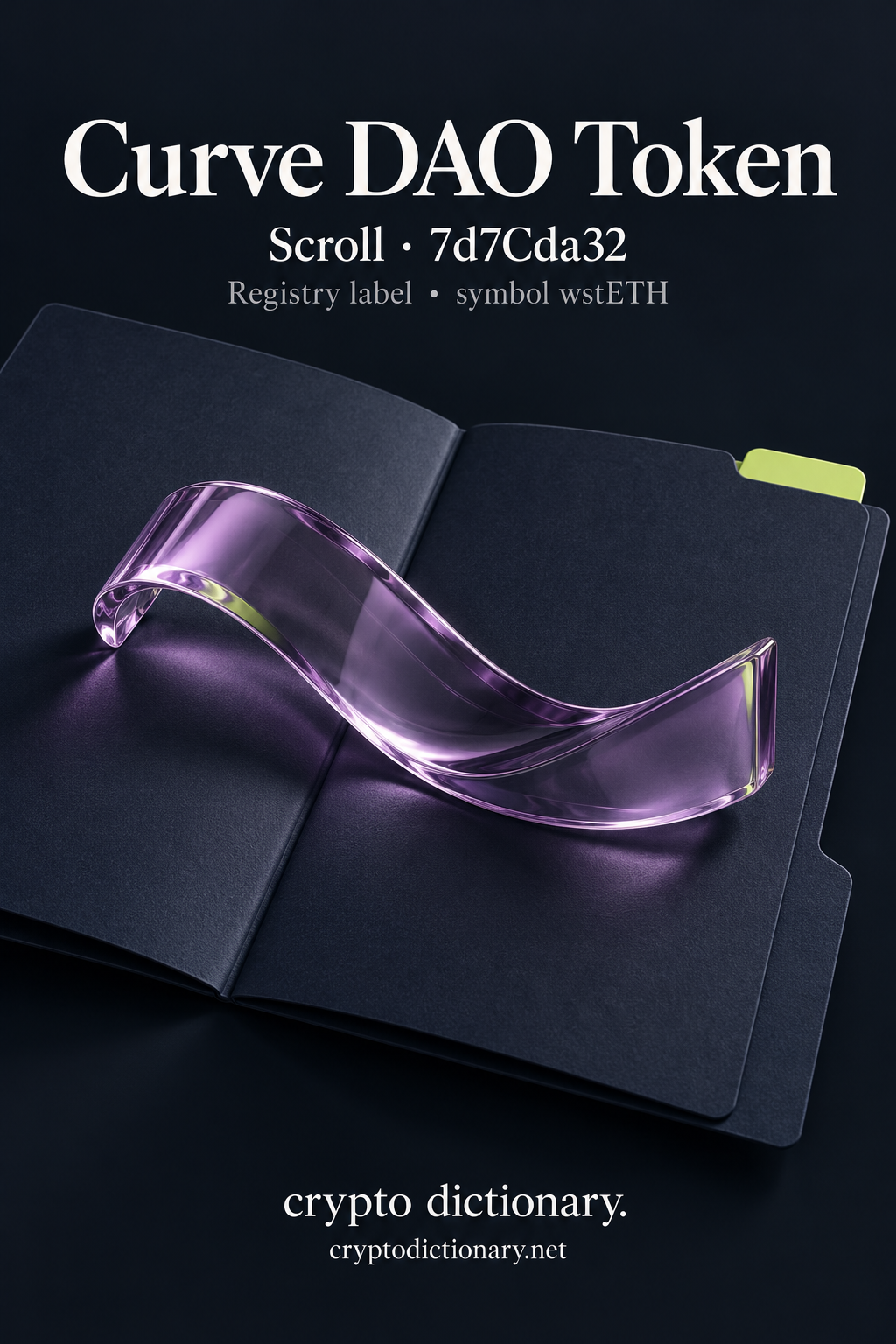 Lilac glass curve on a navy archive folder for registry label Curve DAO Token, Scroll identity 7d7Cda32, symbol wstETH.
