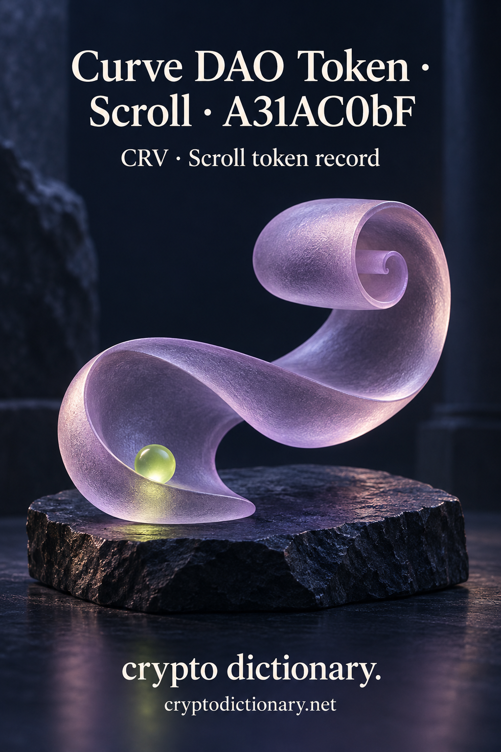A broad curling lilac glass ribbon sweeps over a dark stone base beside a lime pearl; Curve DAO Token · Scroll · A31AC0bF registry artwork.