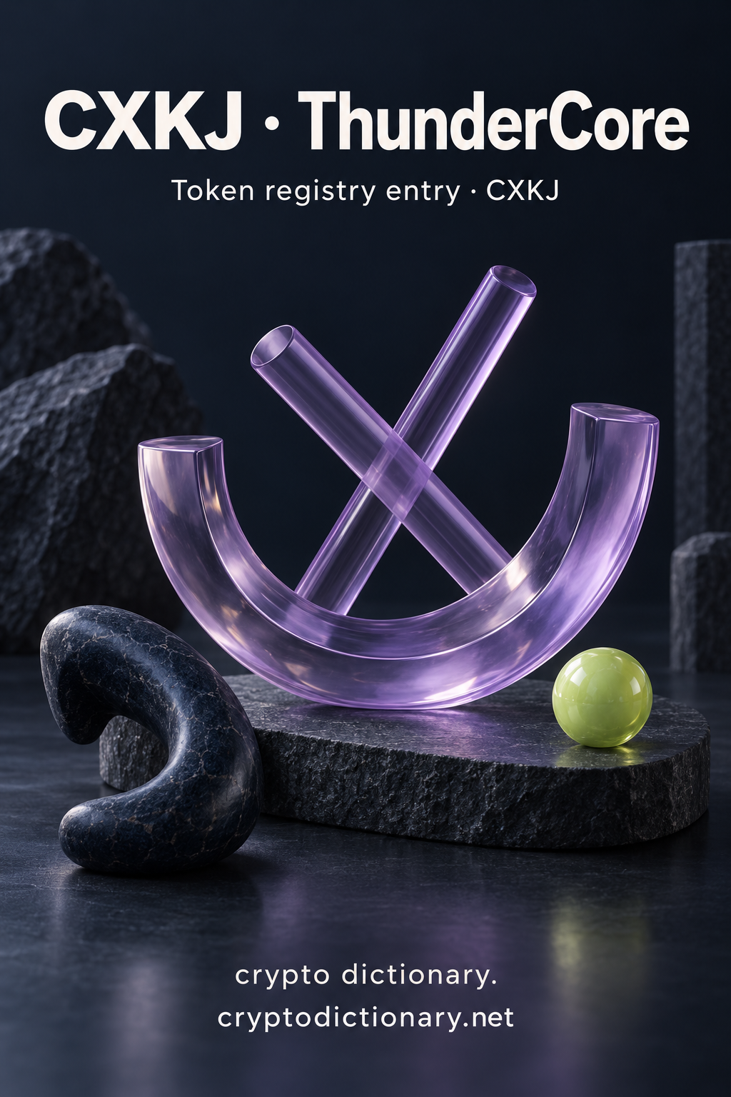 Open lilac glass cradle with crossed rods and hooked navy stone, titled CXKJ · ThunderCore.