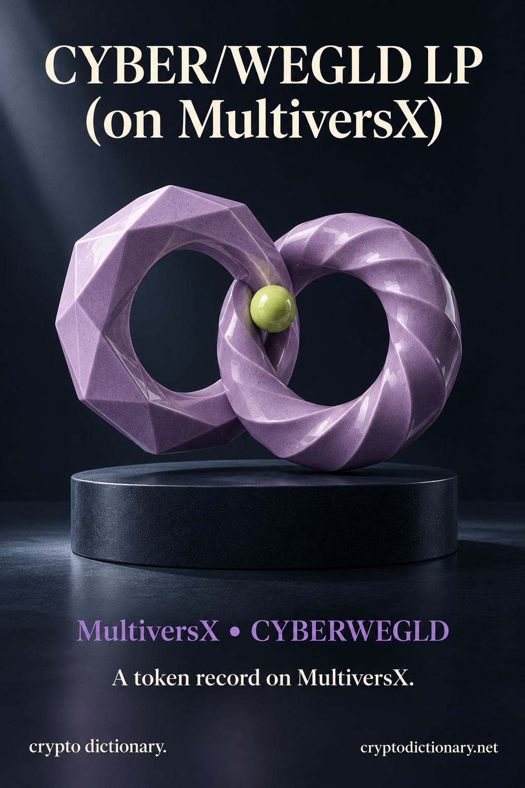 Two lilac ceramic rings interlock above a navy pedestal with a lime bead, beside the CYBER/WEGLD LP MultiversX registry identity.