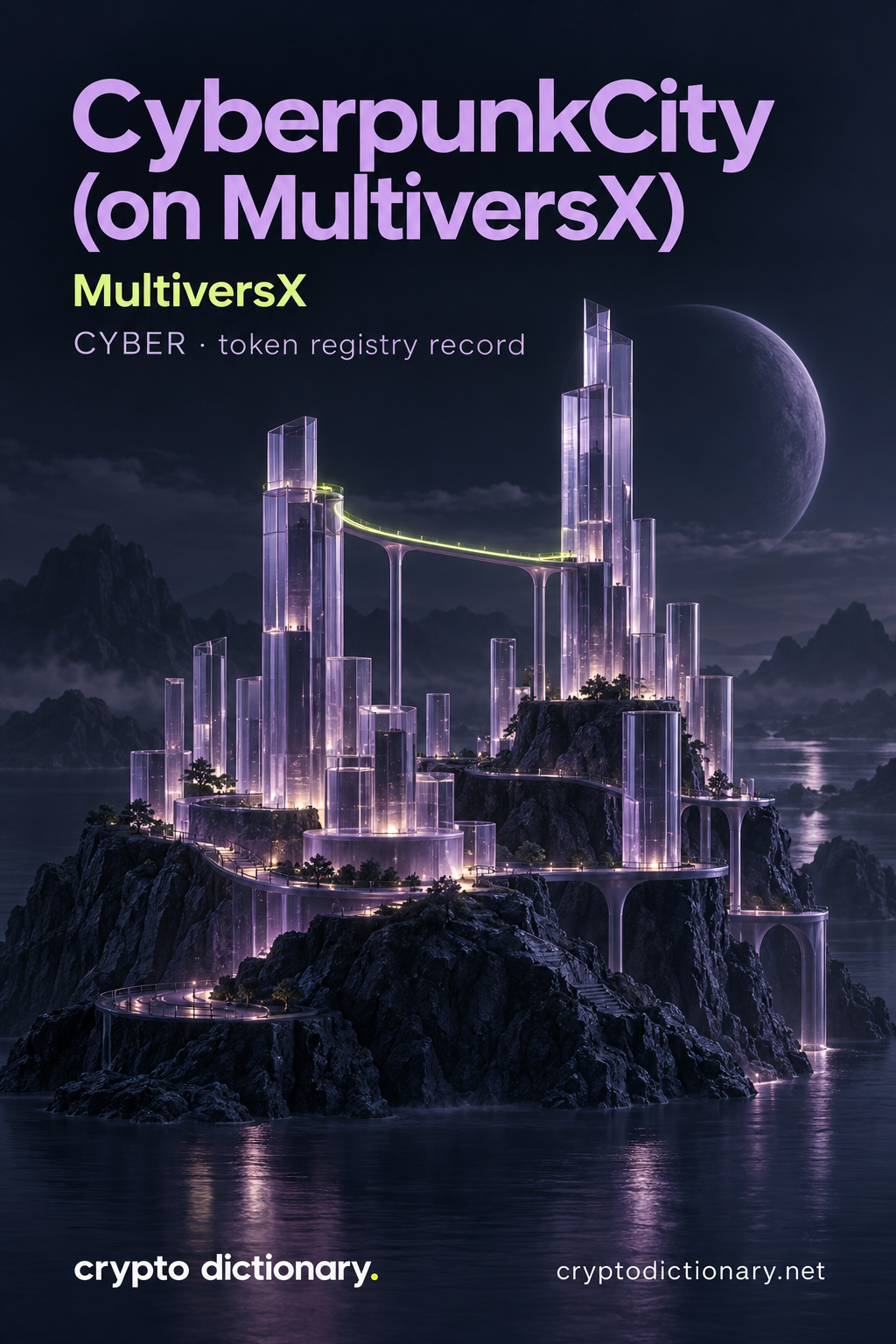 CyberpunkCity (on MultiversX): a lilac glass miniature skyline and lime walkway on navy island, illustrating the CYBER registry record.