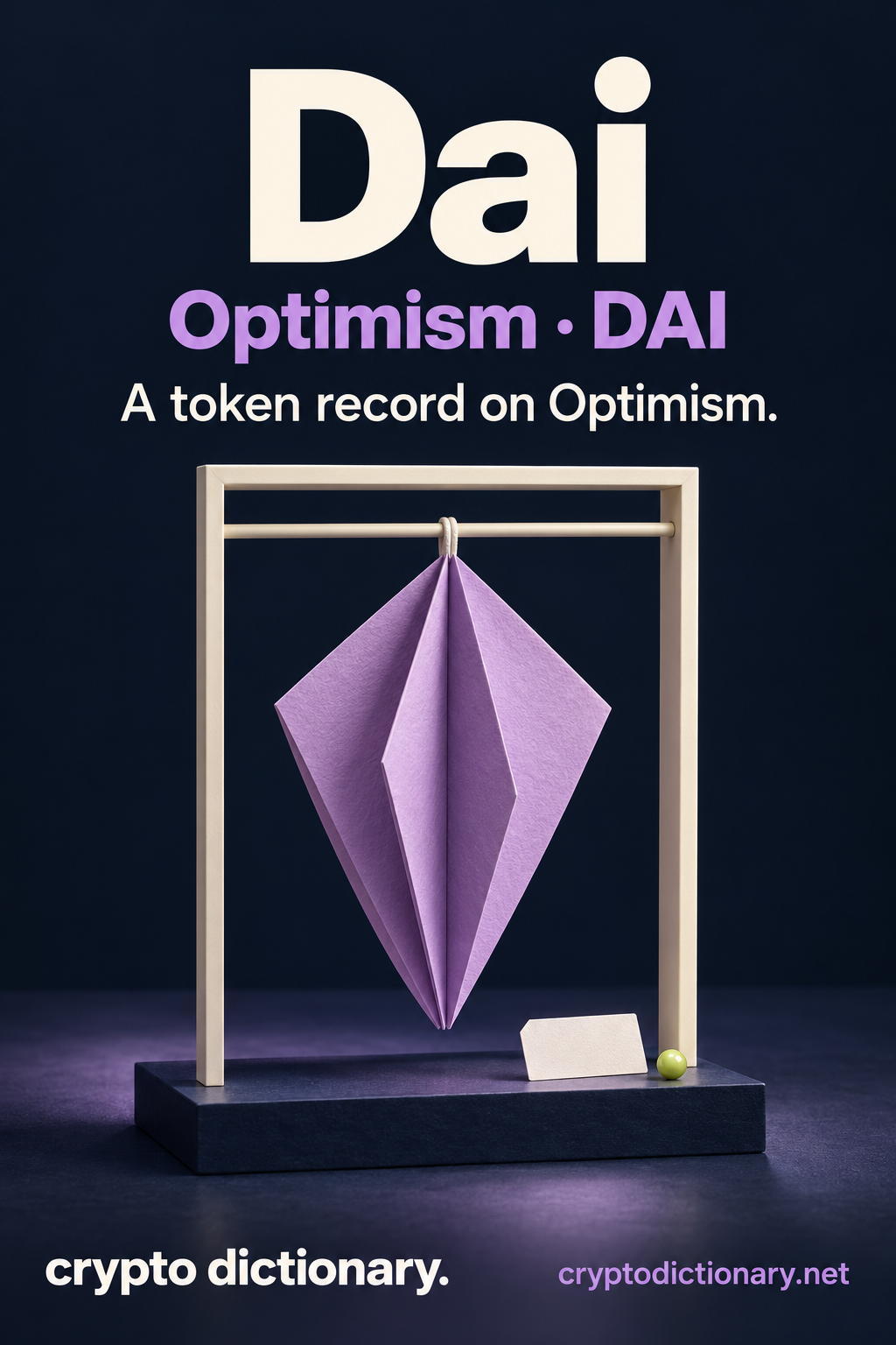 Dai on Optimism, ticker DAI: a lilac pleated paper sculpture hanging in an ivory frame with a blank registry tab.