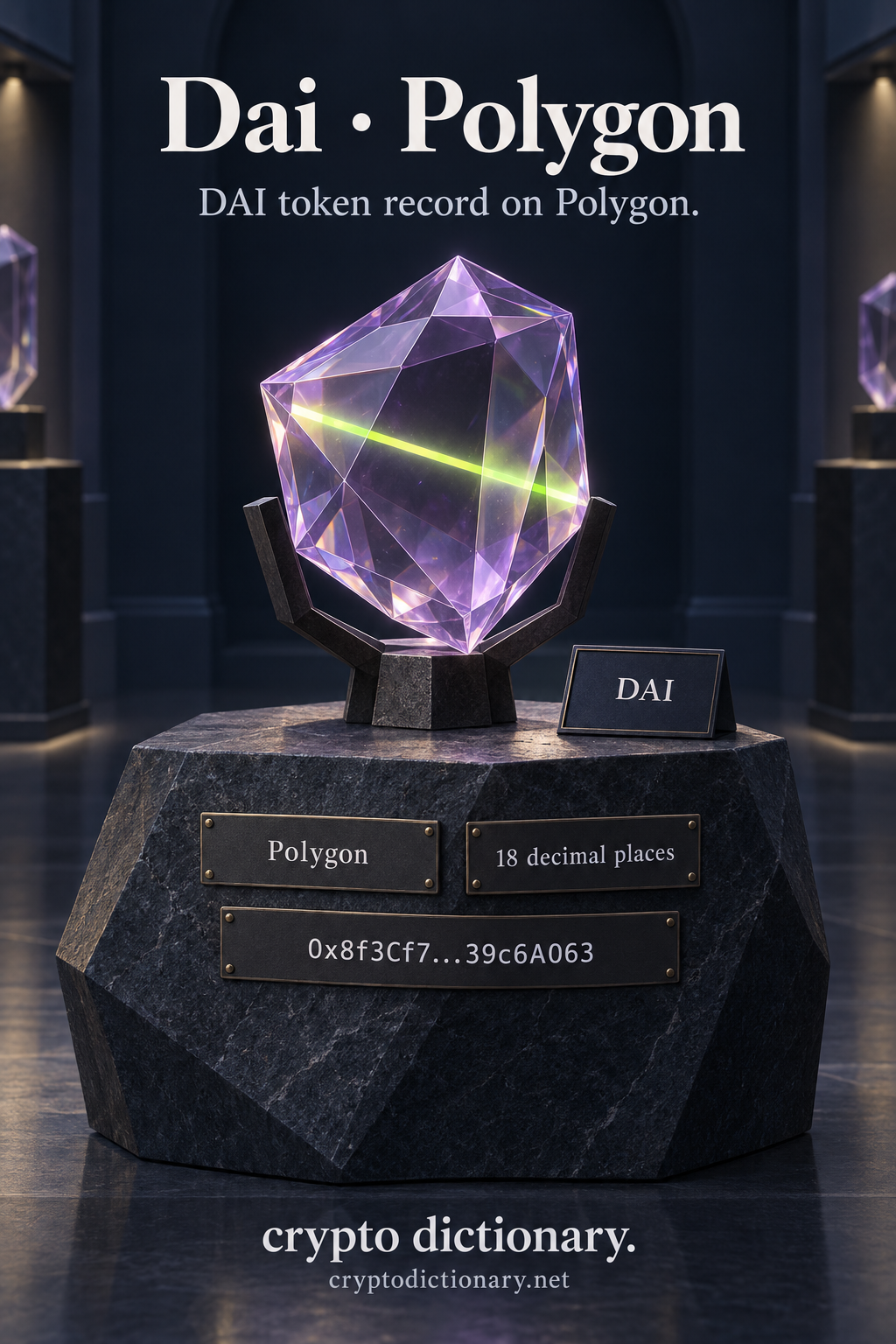A faceted lilac glass polygon prism with a lime refraction stripe held in a dark cradle beside a DAI specimen and Polygon, 18 decimal places and abbreviated contract plaques.