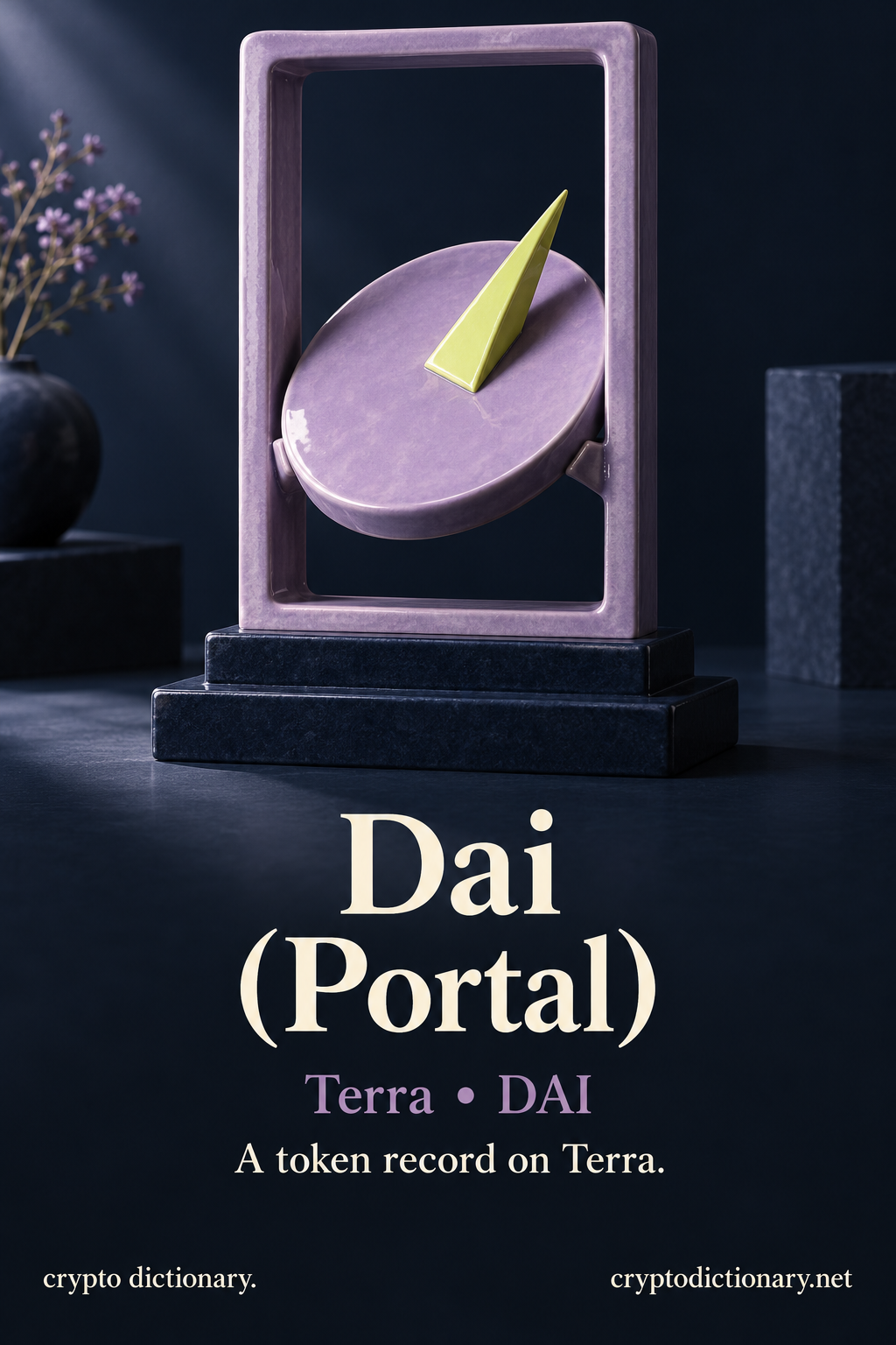 A lilac ceramic sundial disk with a lime ray rests within a tall rectangular display frame, beside the Dai Portal Terra registry identity.