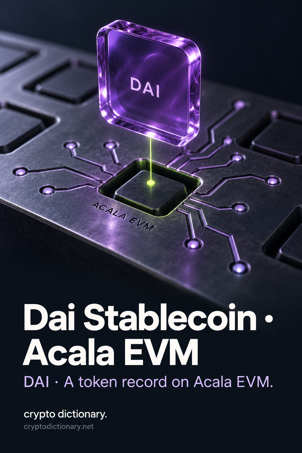 Dai Stablecoin · Acala EVM: a lilac glass DAI identity tile linked by a lime line to its specific slot on an Acala EVM registry circuit.