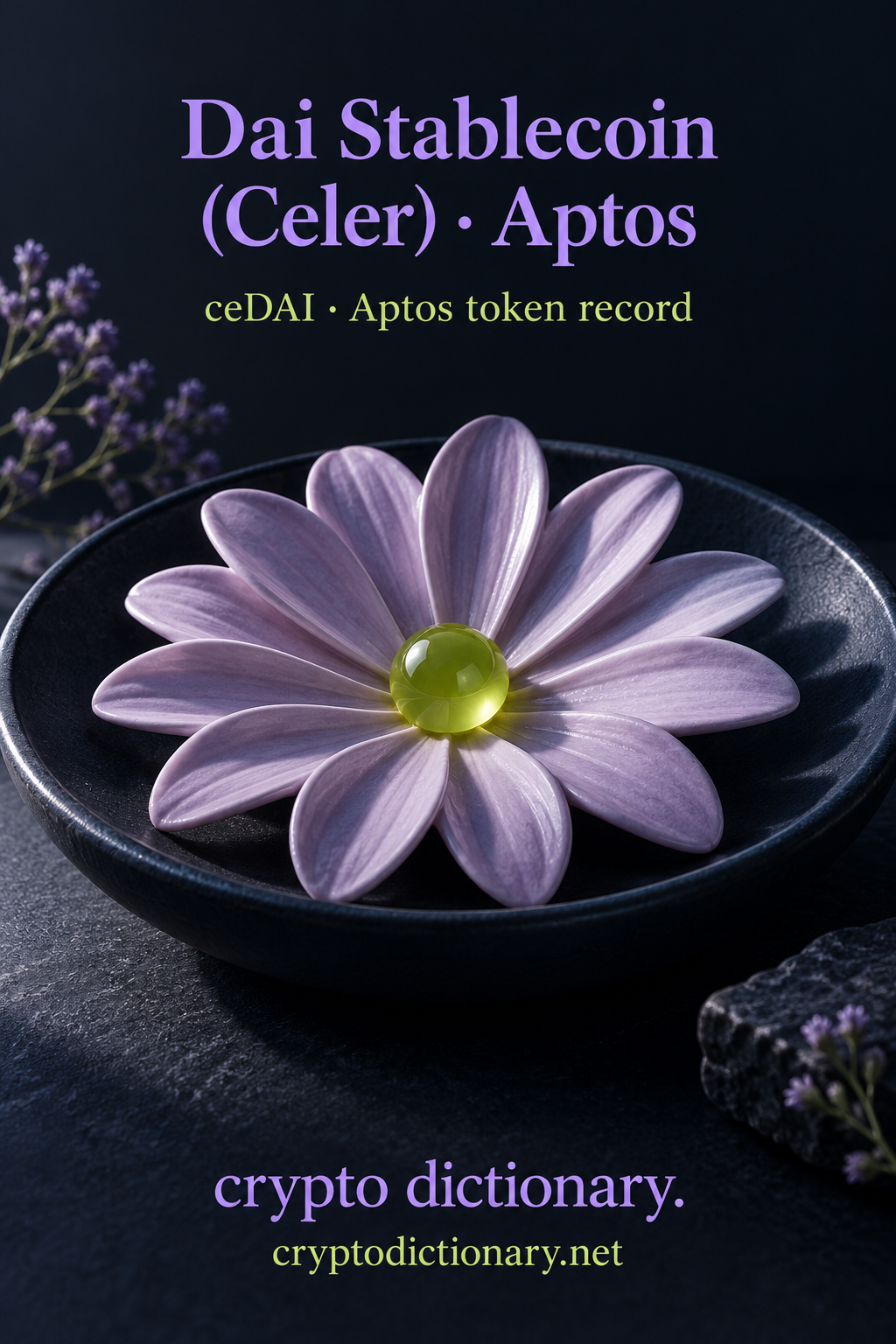 Dai Stablecoin (Celer) · Aptos — original navy, lilac and lime sculptural token-registry illustration.