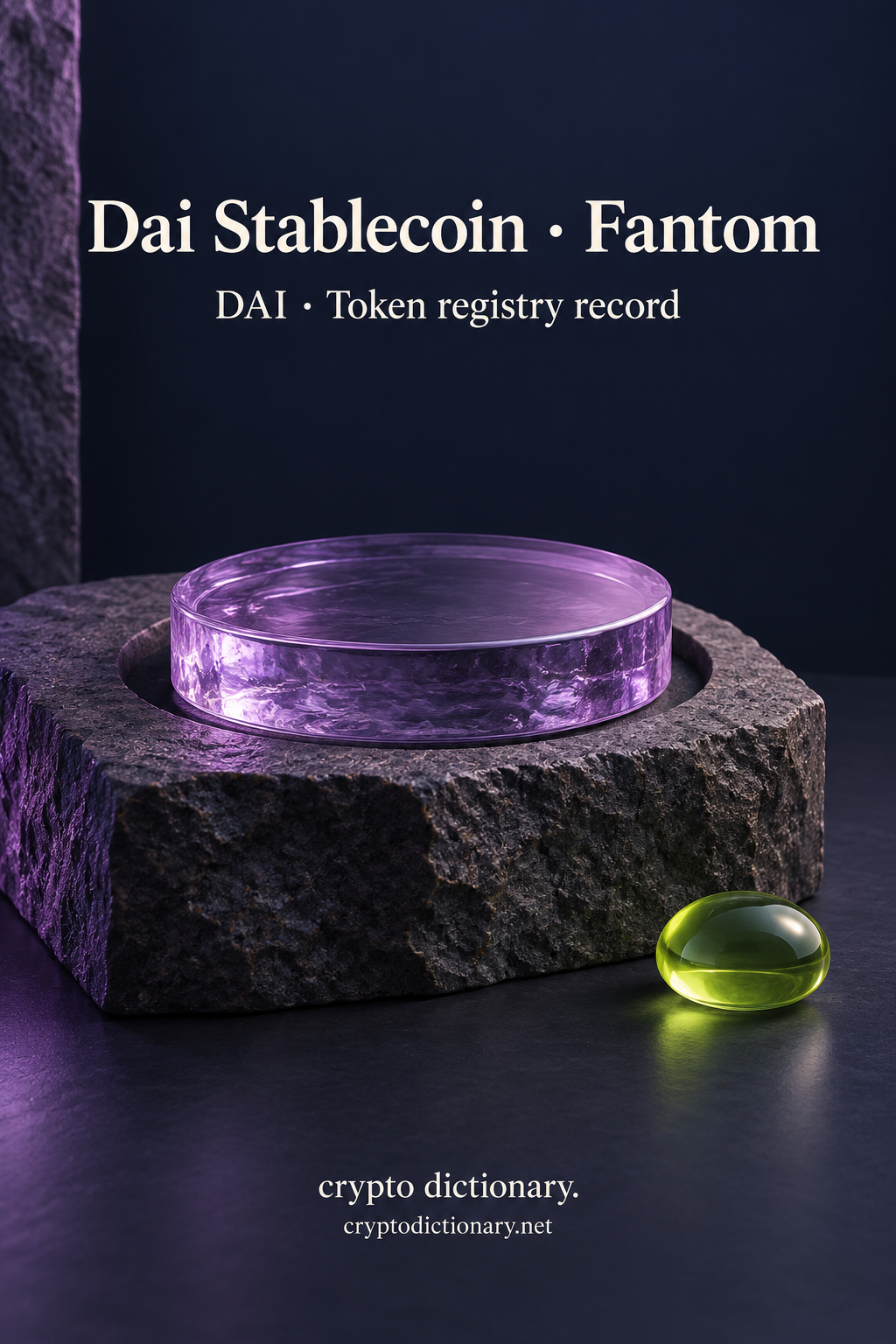 Dai Stablecoin on Fantom illustrated by an original quiet lilac glass disk on a dark stone plinth, with neutral DAI registry caption.