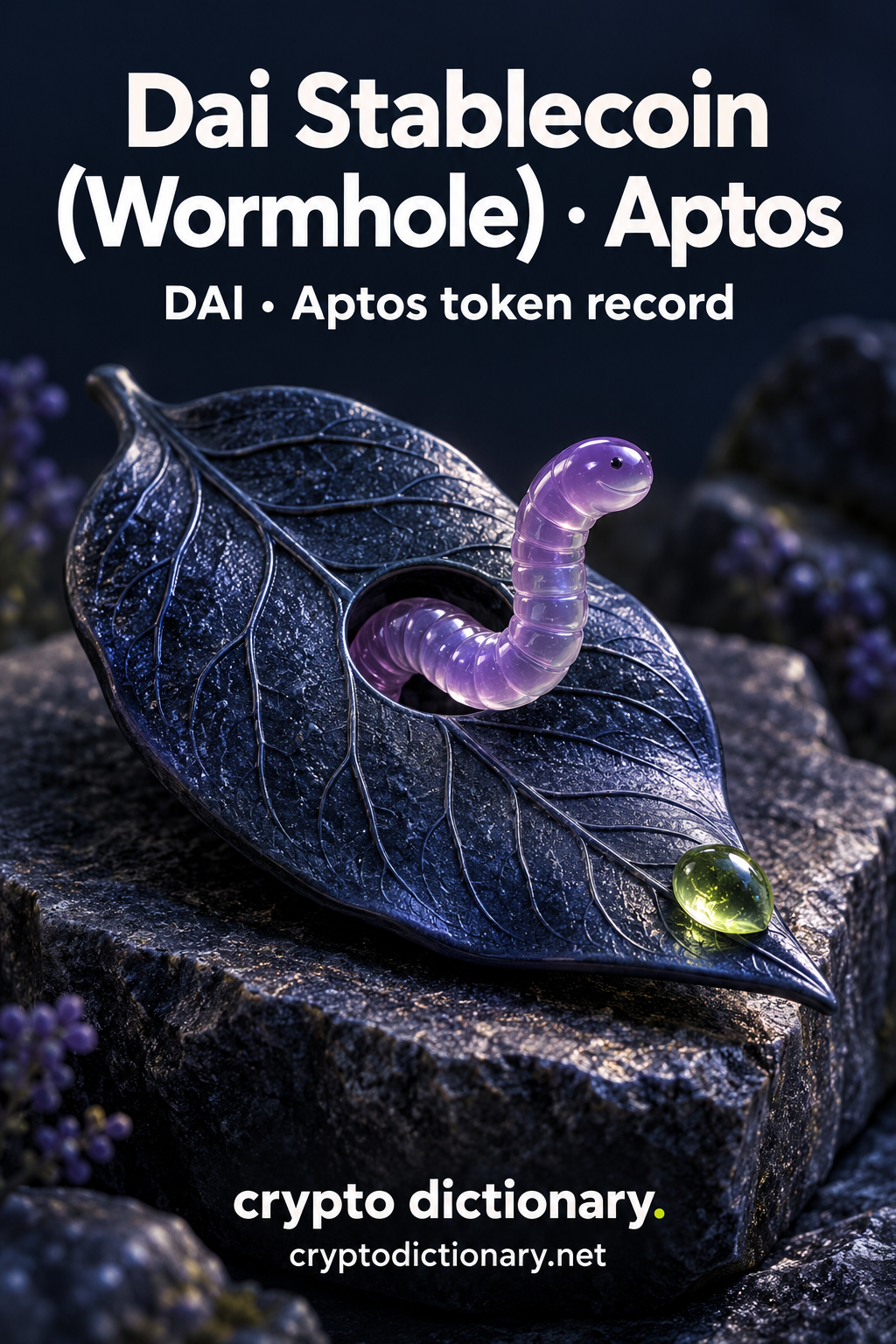 Invented lilac glass worm curling through a circular hole in a dark ceramic leaf beside a lime dew drop; Dai Stablecoin (Wormhole) · Aptos token-registry artwork.
