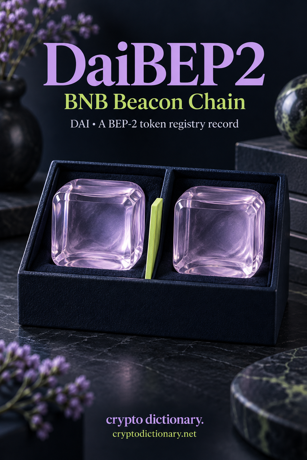 Two lilac glass specimens in a divided navy holder illustrate the DaiBEP2 BEP-2 token record on BNB Beacon Chain.