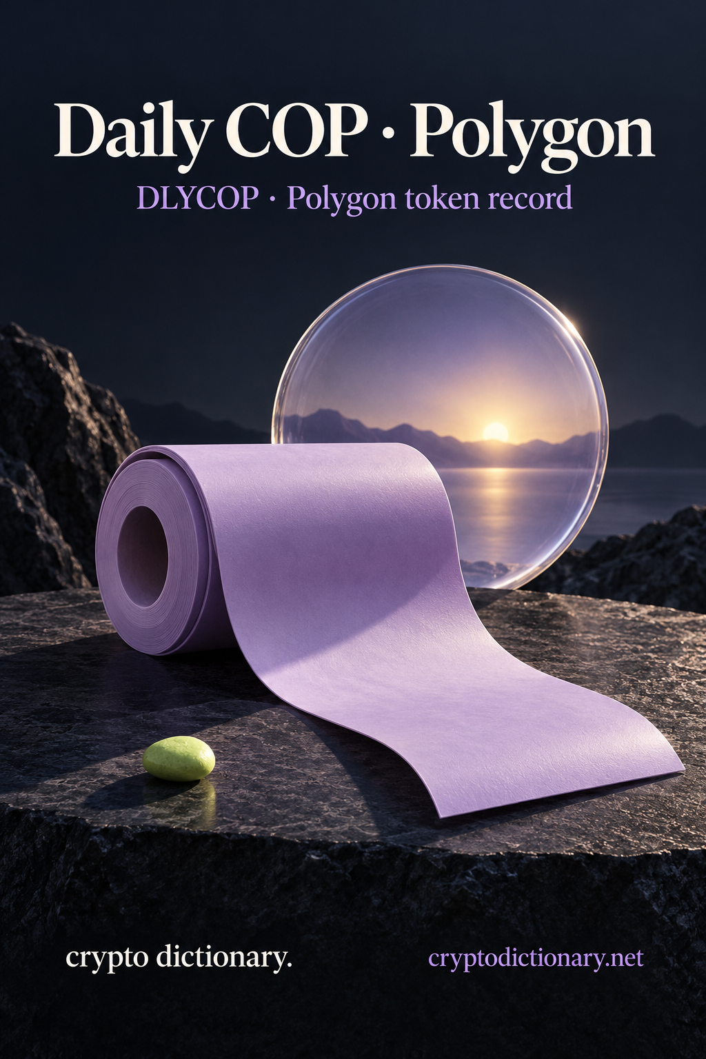 A blank lilac rolled sheet on dark stone stands in front of a circular glass sunrise disk with one lime pebble, below Daily COP · Polygon and DLYCOP token-record caption.