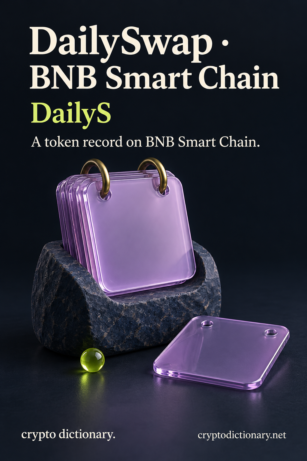 DailySwap on BNB Smart Chain: a blank lilac glass flip-page stack and detached leaf on a navy stone holder, with a neutral token-record caption.
