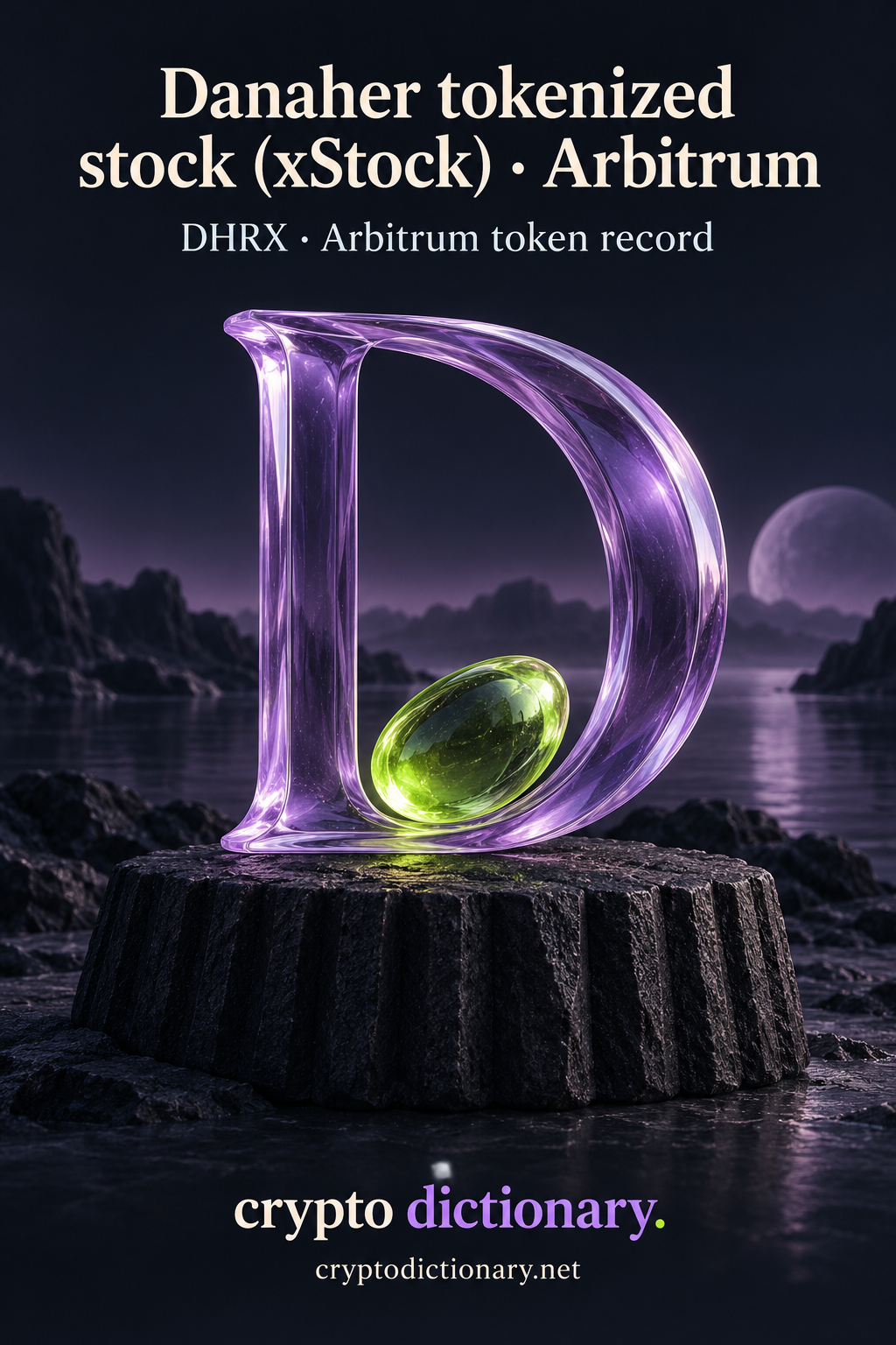 Danaher tokenized stock (xStock) · Arbitrum — original lilac glass name-inspired sculpture with accurate DHRX token record caption.