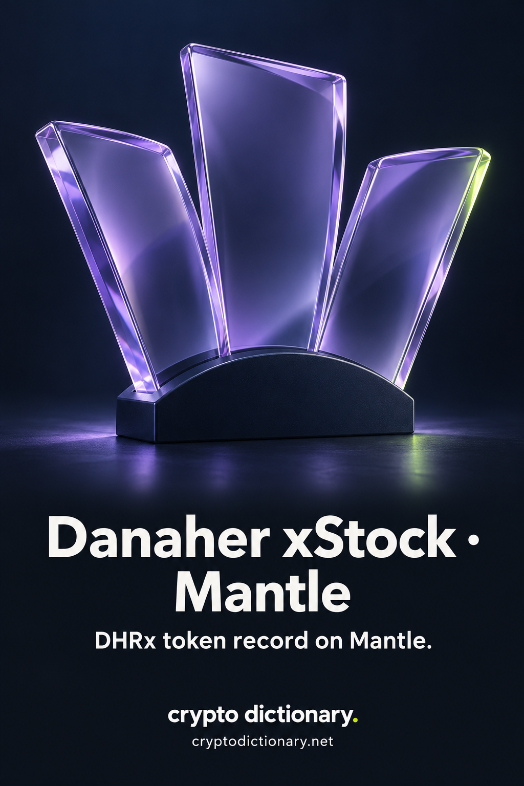 Three blank lilac glass folio leaves fan out from a plain navy holder, titled Danaher xStock · Mantle with DHRx token registry caption.