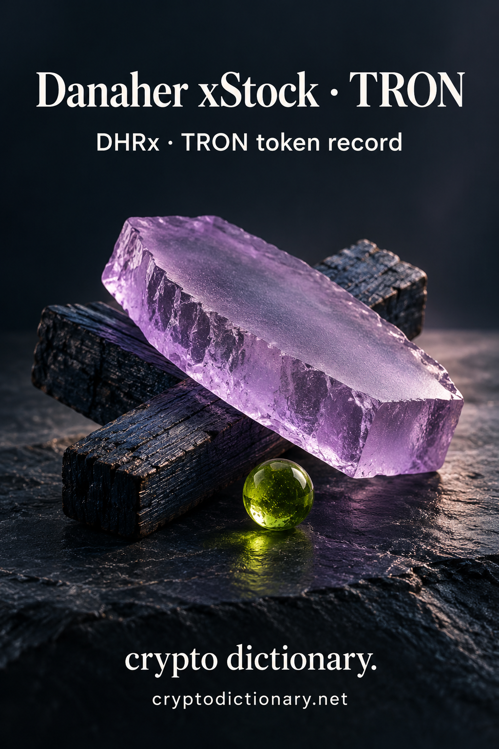 An irregular lilac glass slab rests across navy wooden stock billets beside a lime bead; Danaher xStock · TRON registry artwork.