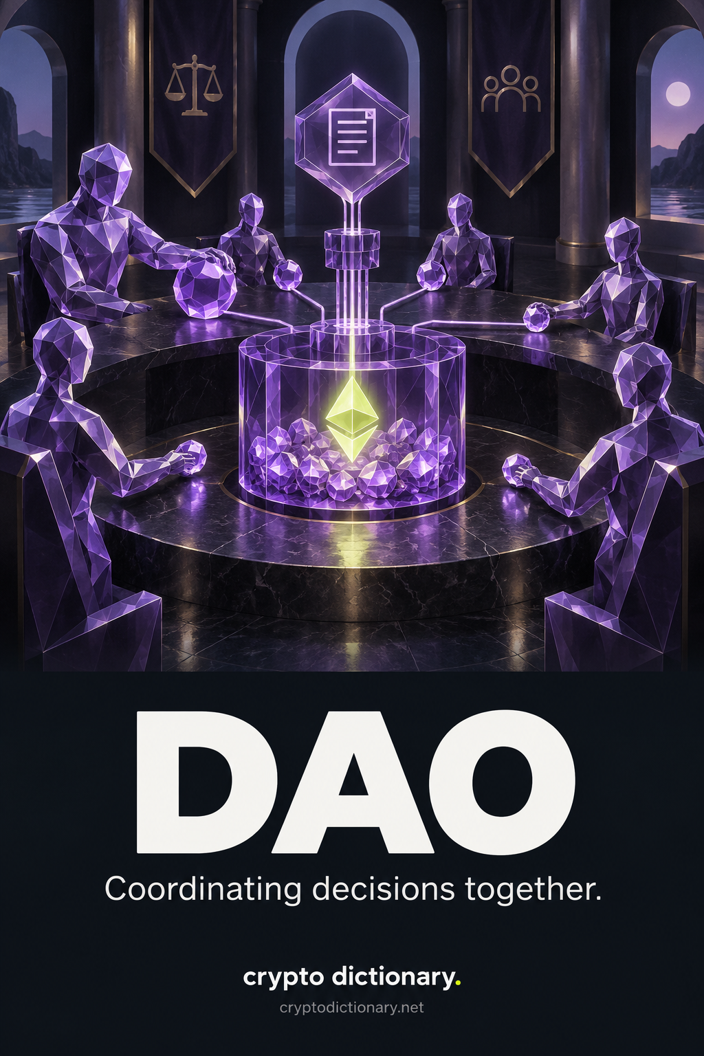 DAO: A glass council combines differently sized voting stones around shared rules and resources; no claim that all DAO power is equal. Text: Coordinating decisions together.