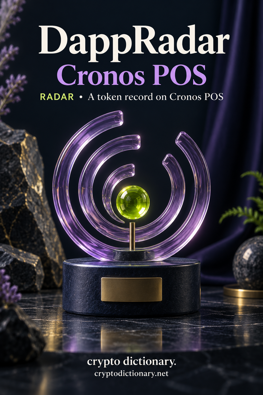 Lilac glass arcs around a lime bead illustrate the DappRadar token record on Cronos POS.