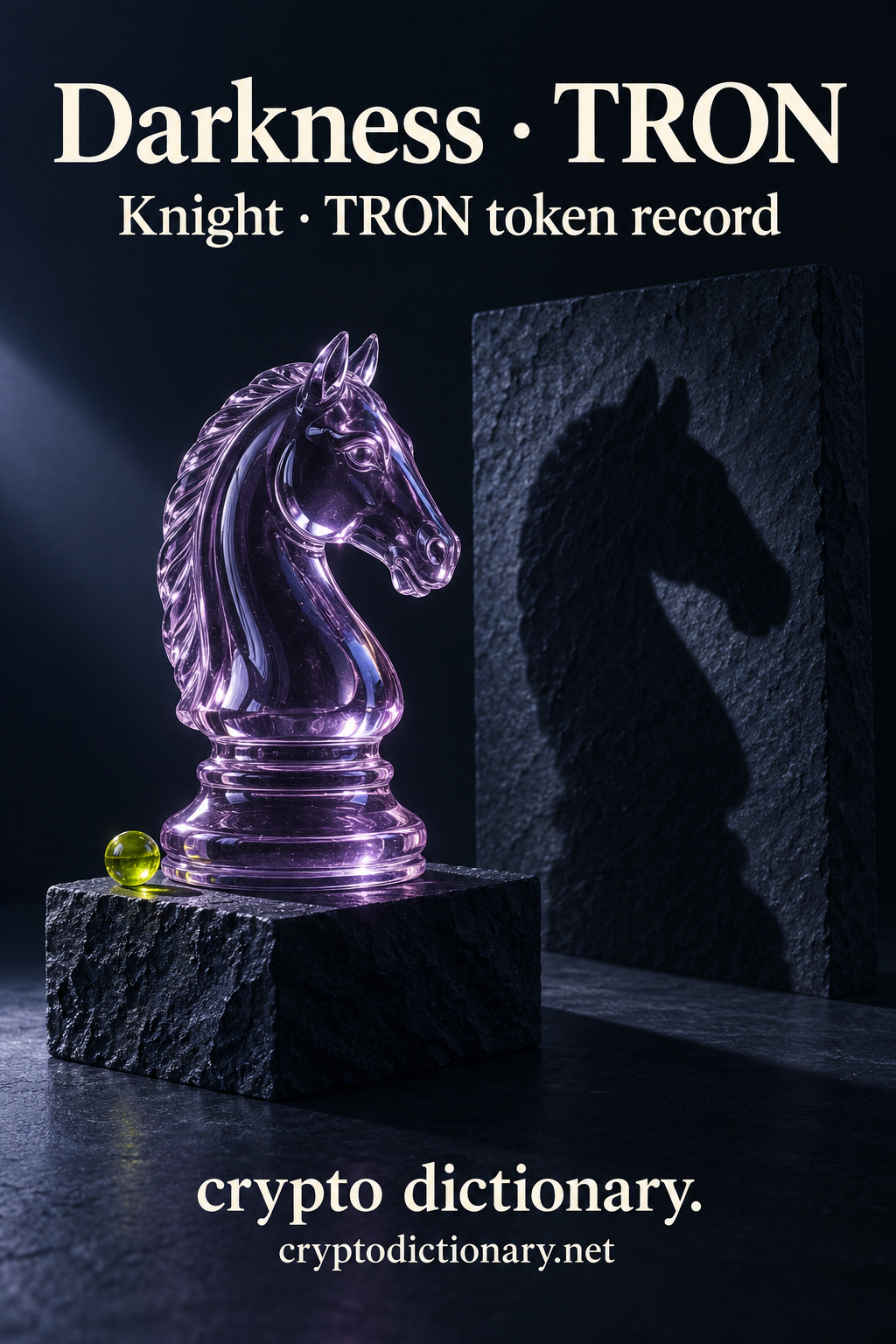 Darkness · TRON — original lilac glass name-inspired sculpture with accurate Knight token record caption.