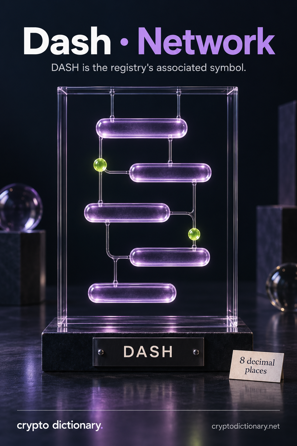 Five lilac dash-shaped bars in a transparent network catalog frame with a DASH identity plaque and eight-decimal precision card.