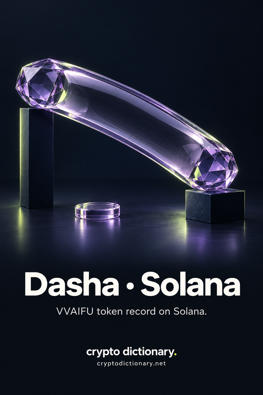 A curved lilac glass dash-like capsule spans two uneven navy supports above a blank glass disk, titled Dasha · Solana with VVAIFU registry caption.