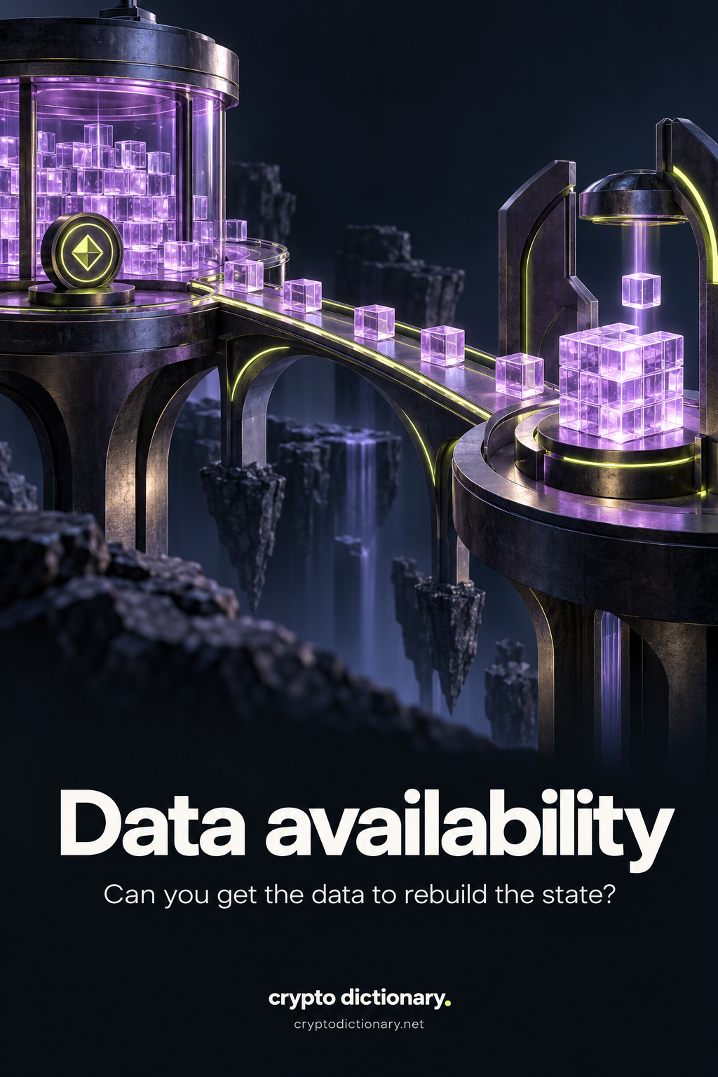 Data availability: data cubes cross an open bridge from a published batch platform to a separate station reconstructing a larger state cube.