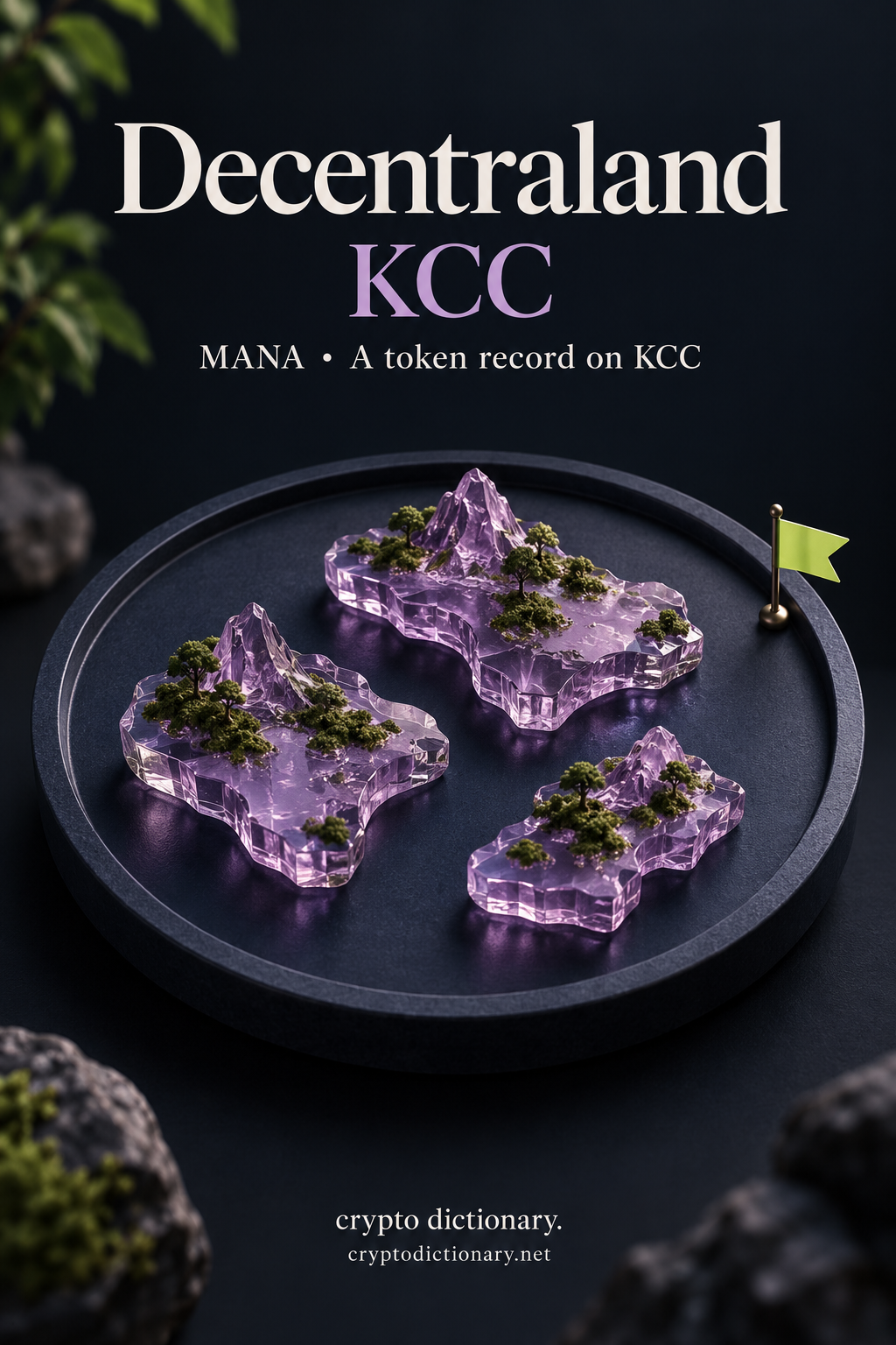 Three lilac glass islands on a navy tray illustrate the Decentraland token record on KCC.