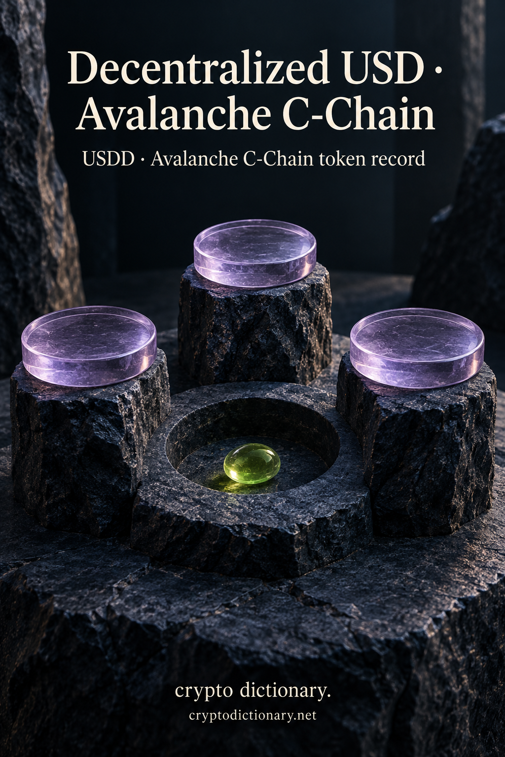 Decentralized USD · Avalanche C-Chain — original lilac glass name-inspired sculpture with accurate USDD token record caption.