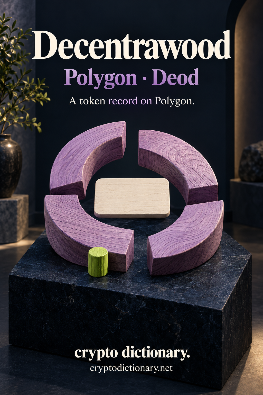 Decentrawood, Polygon · Deod, above four curved lilac-stained wooden puzzle segments arranged around a blank ivory registry tab on a navy plinth beside a tiny lime wooden peg, with Crypto Dictionary footer.