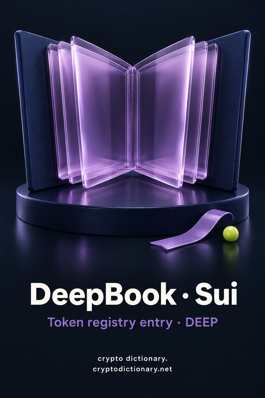 DeepBook on Sui token registry poster with an open blank glass-page book, unmarked bookmark and exact DEEP caption.