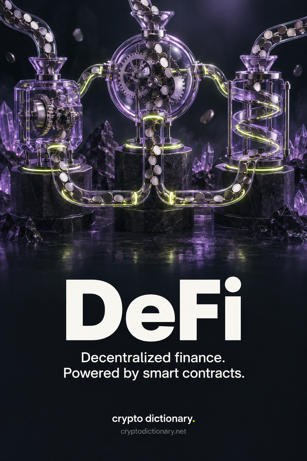 Connected lilac glass financial mechanisms with exposed gears and neutral tokens, with the title DeFi and the explanation Decentralized finance. Powered by smart contracts.