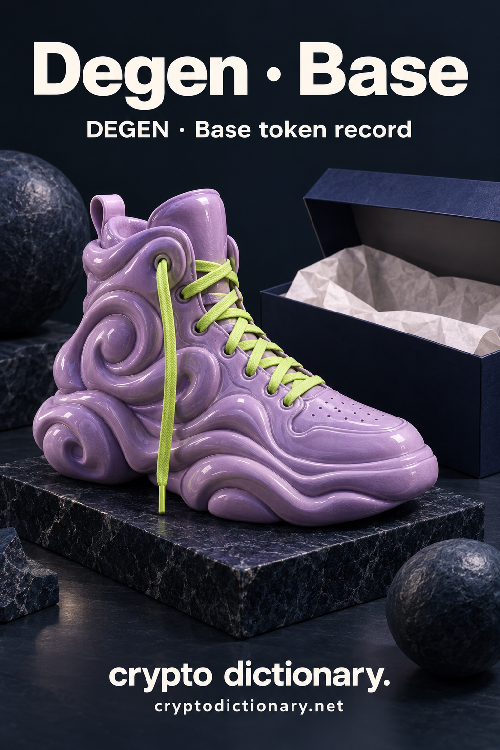 An invented glossy lilac ceramic high-top shoe with lime laces on a navy stone base beside an open blank shoebox; Degen · Base token-registry artwork.