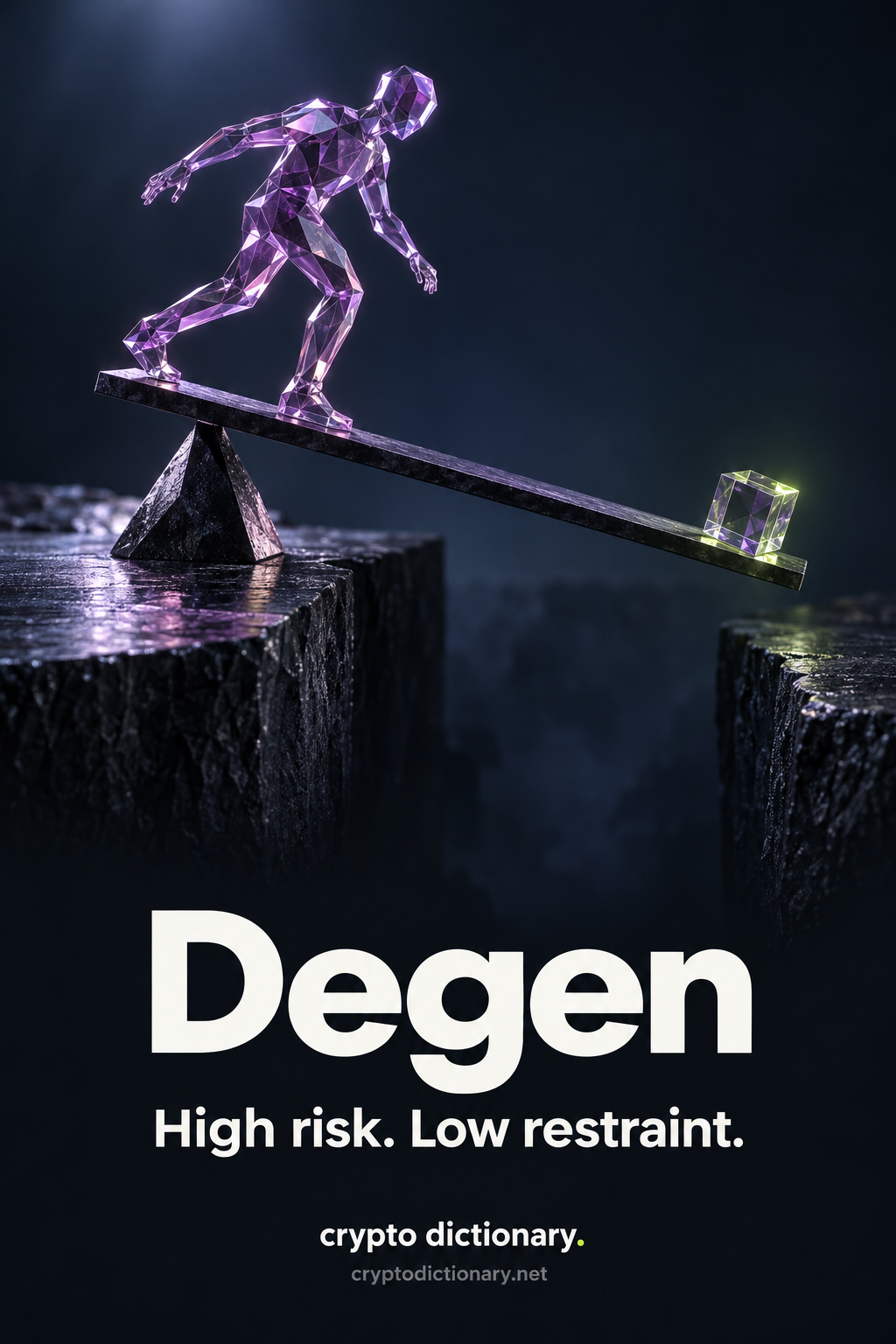 Degen: a faceted lilac glass figure leans forward on a precarious tilting beam over a dark gap. Text: High risk. Low restraint.