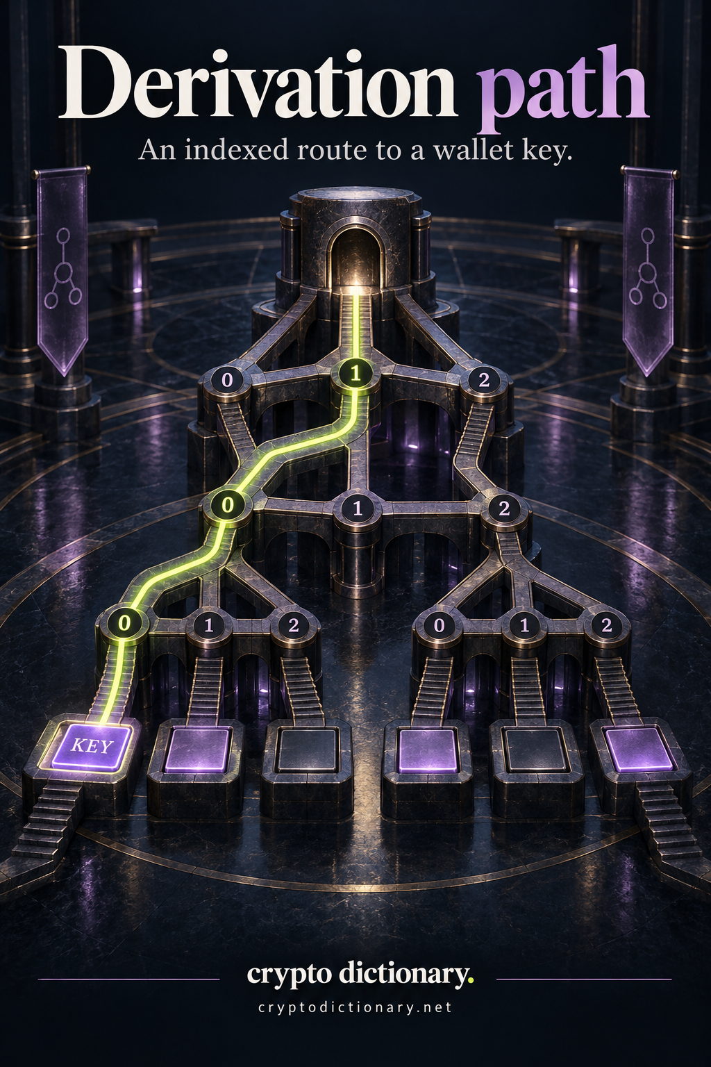 A lime route passes indexed junction choices from a shared enclosed origin to one KEY tile among multiple wallet-key endpoints.