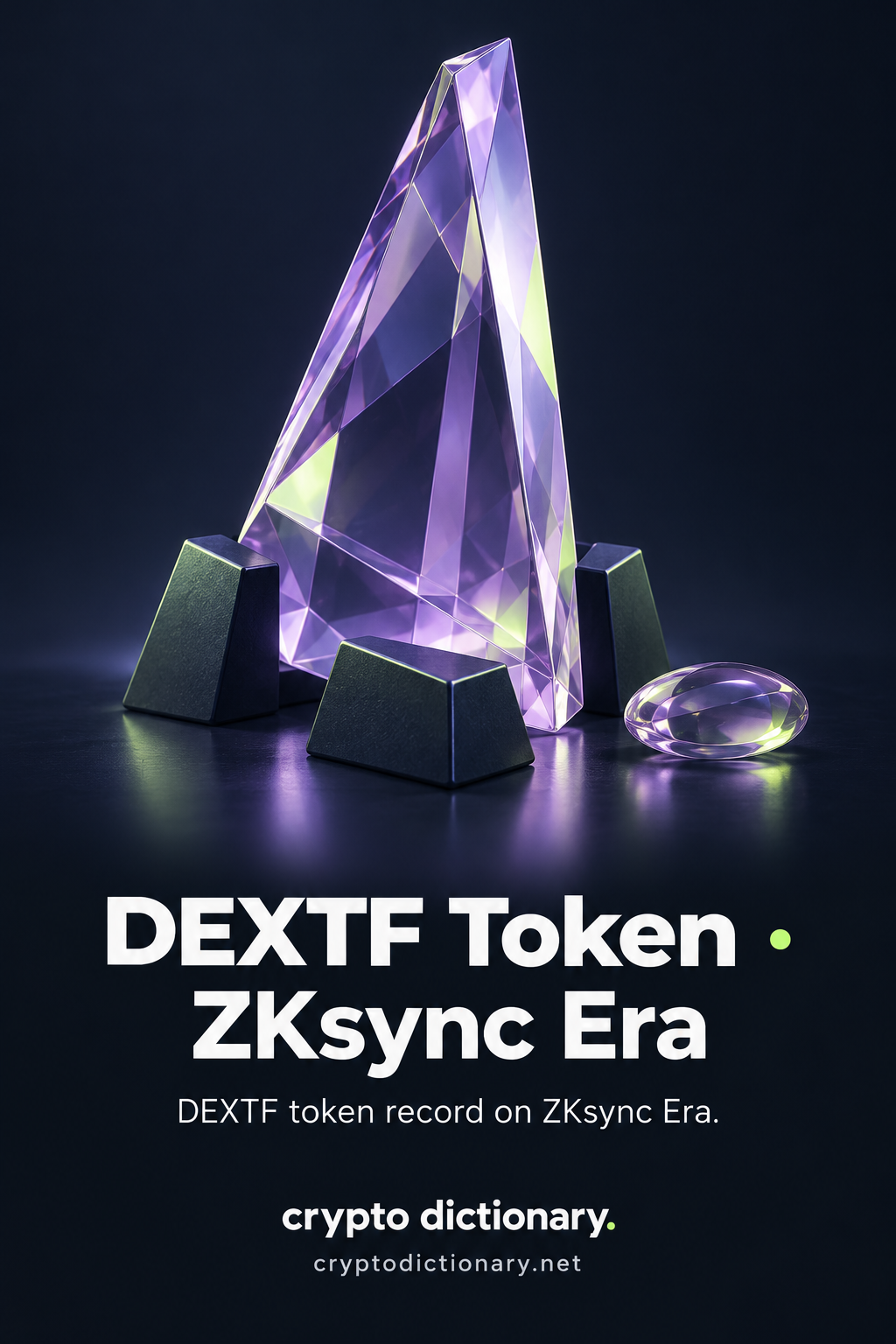 Tall asymmetric lilac glass prism among three blank navy supports with a small glass pebble, with DEXTF Token · ZKsync Era and registry caption.
