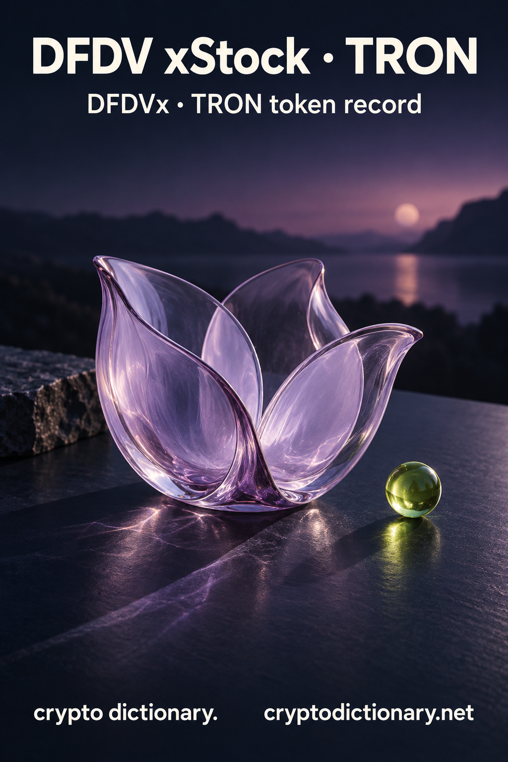 DFDV xStock · TRON — original lilac glass name-inspired sculpture with accurate token record caption.