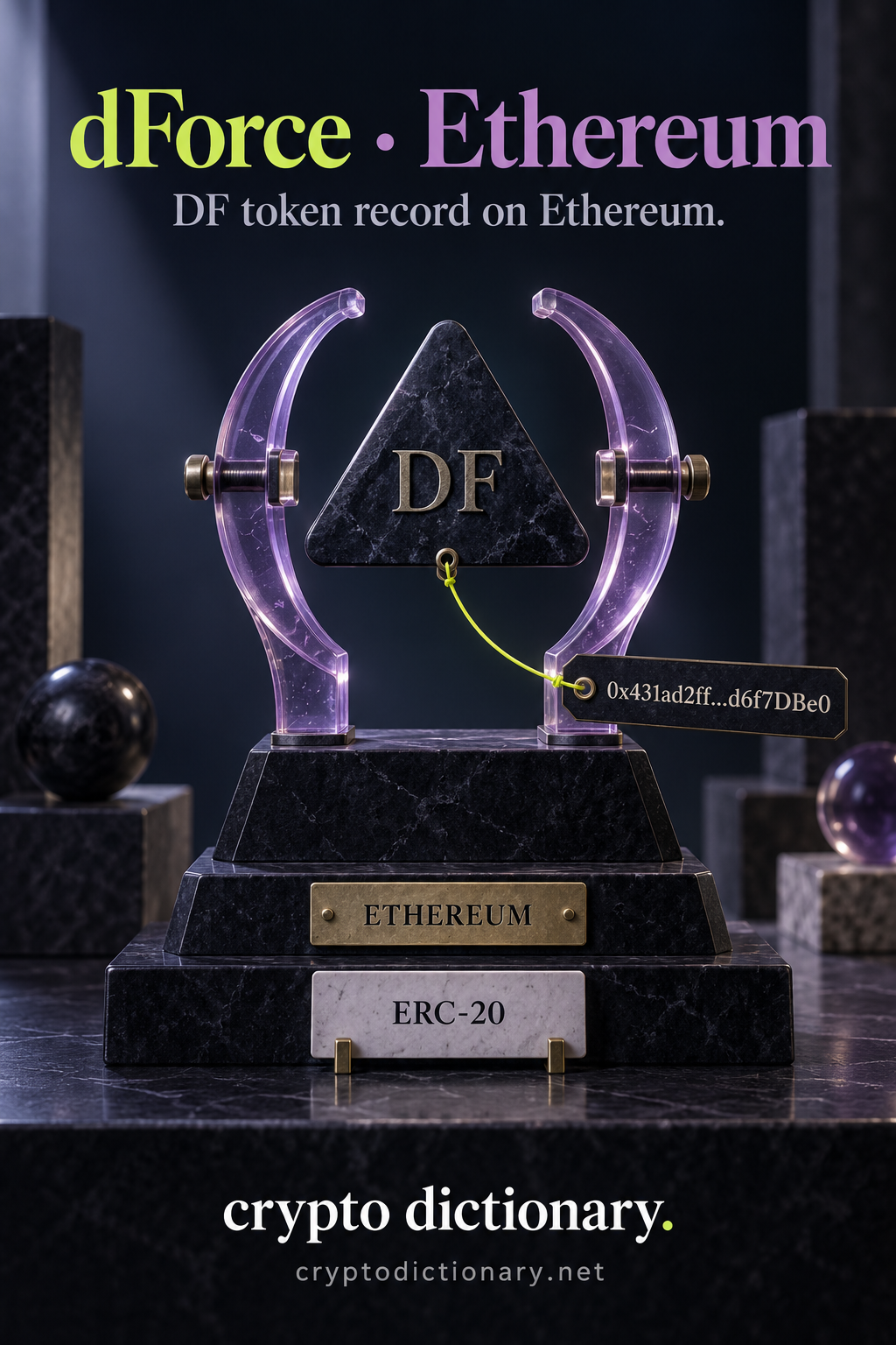 A DF specimen plaque held between lilac curator calipers, with Ethereum, ERC-20 and abbreviated public contract identity tags.