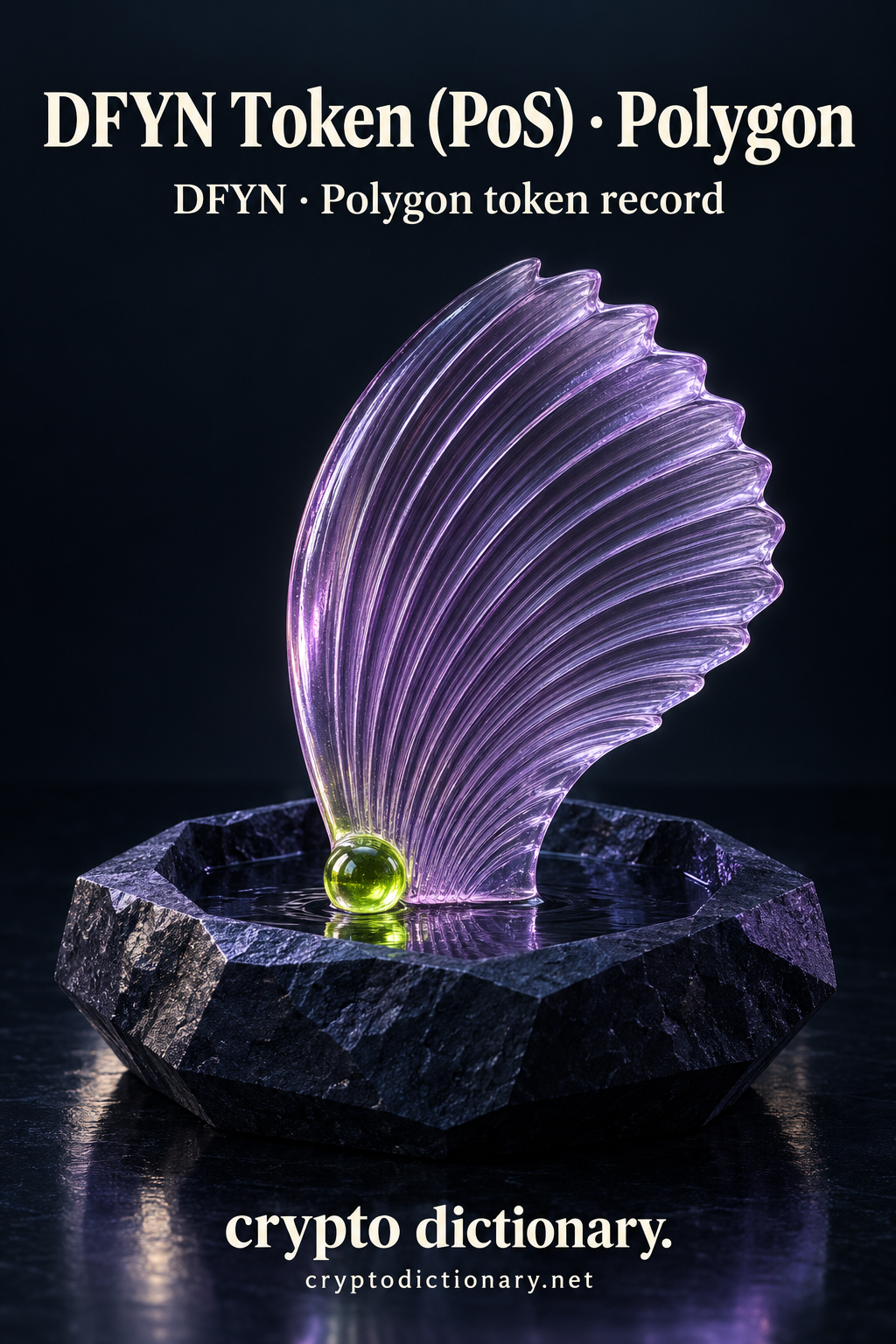DFYN Token (PoS) · Polygon — original lilac glass name-inspired sculpture with accurate DFYN token record caption.
