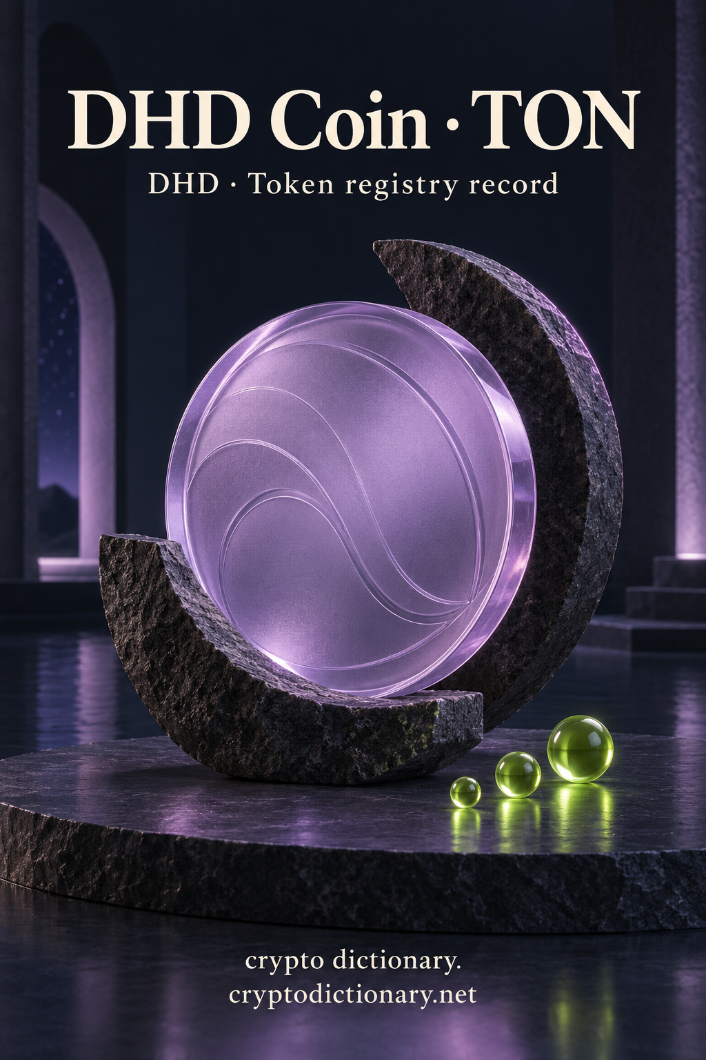 DHD Coin on TON illustrated by an original blank lilac glass disc between offset stone crescent supports, with a neutral DHD registry caption.
